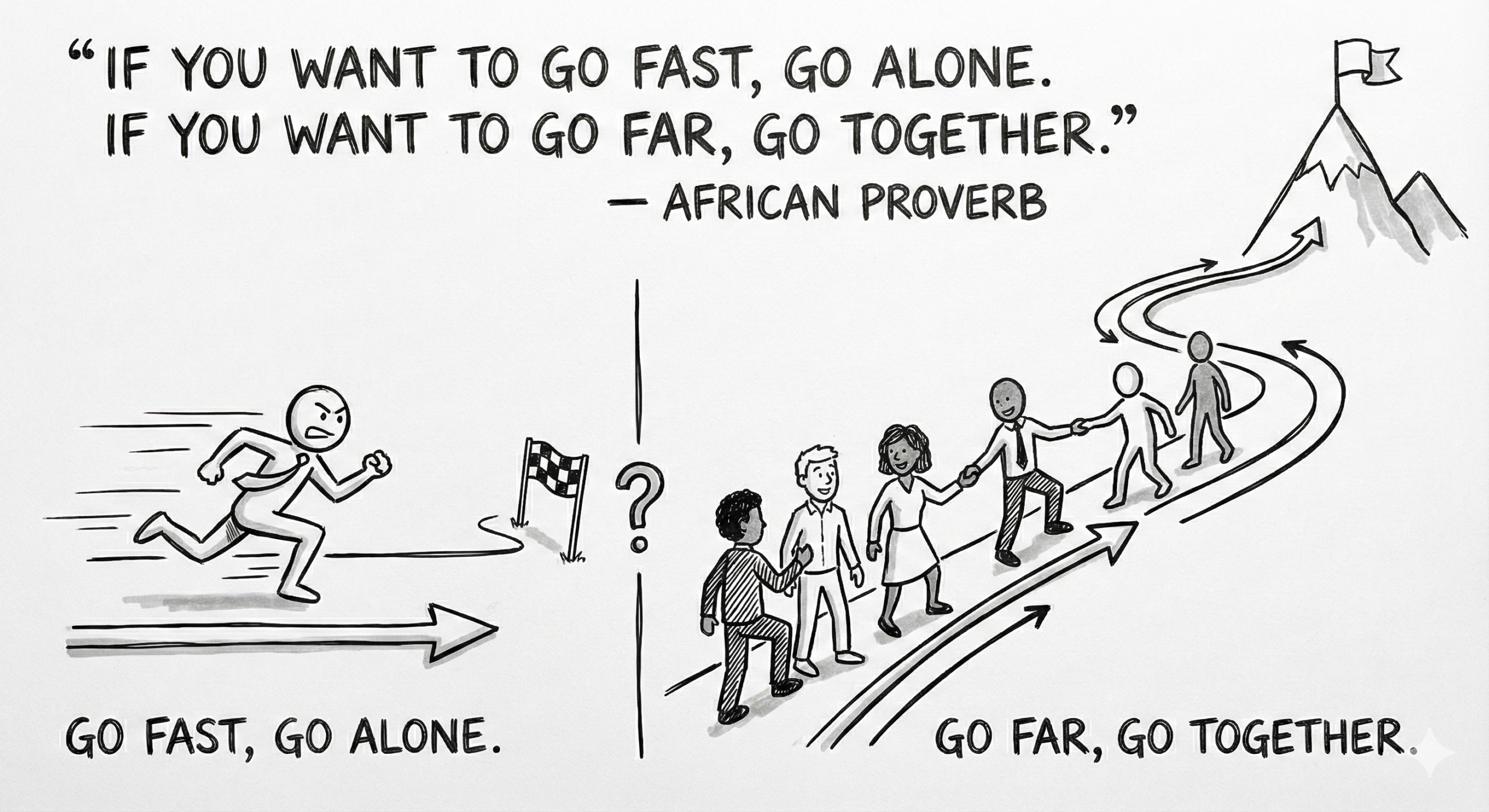 "If you want to go fast, go alone. If you want to go far, go together." — African Proverb