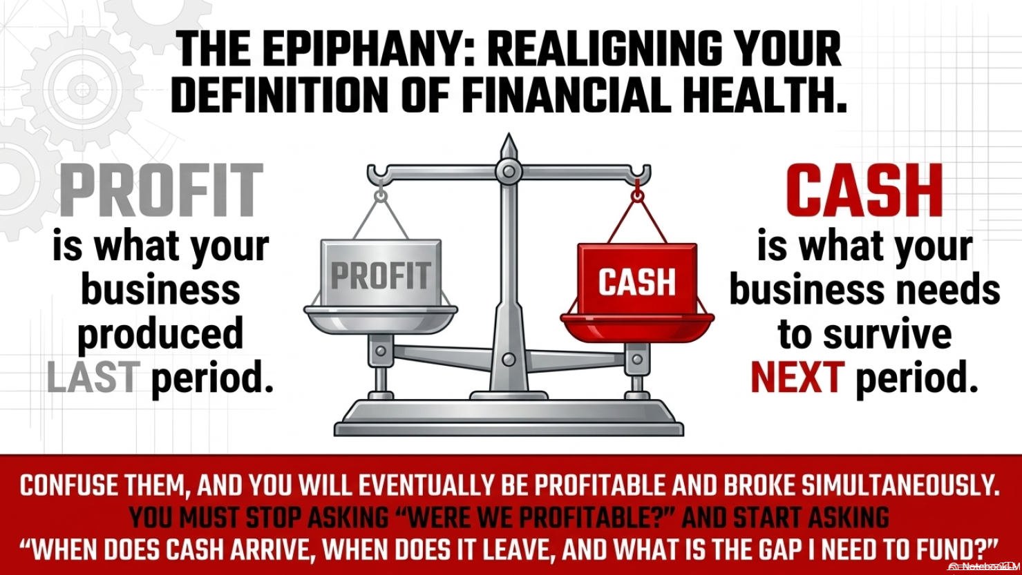Cash Flow - Surving Next Period | Effecta - Accountants, Business Consultants & Business Coaches Infographic with a balance scale: left side'PROFIT' (gray) vs right side 'CASH' (red); captions say 'Profit is what your business produced last period' and 'Cash is what your business needs to survive next period,' plus a red bottom banner urging to rethink financial health.